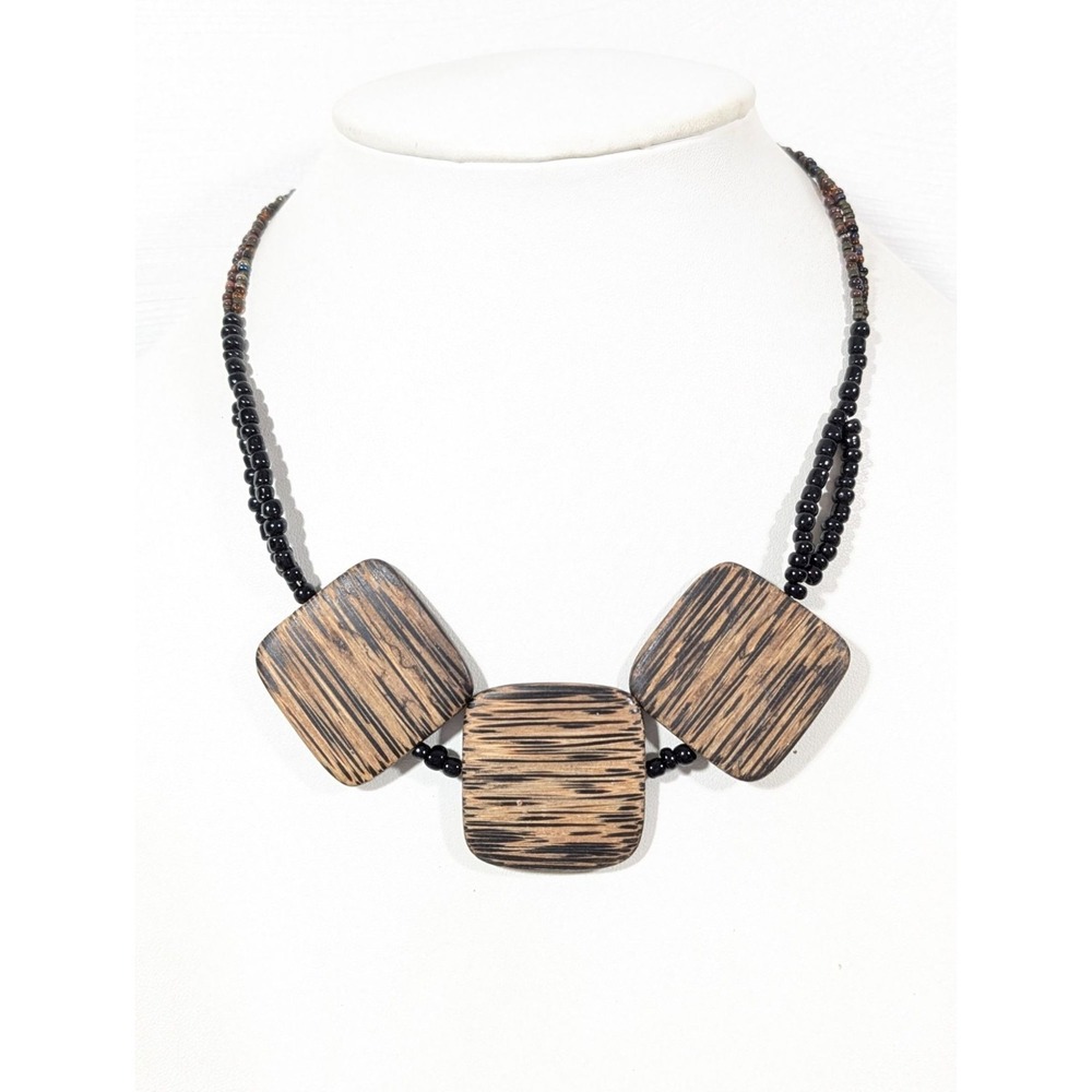 Vintage Brown Wood Square Black Beaded Double Strand Necklace Boho Tribal 19"